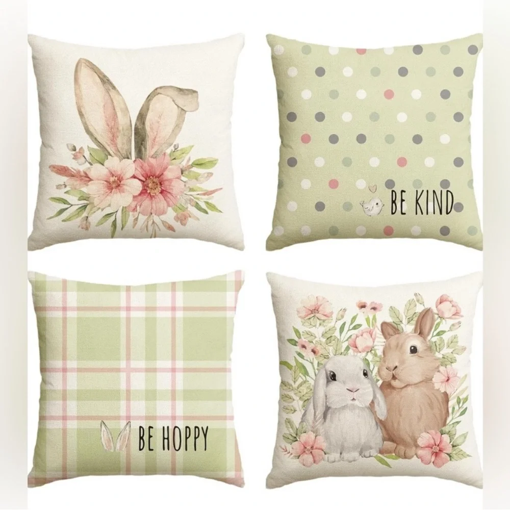 NEW Be Hoppy Be Kind Easter Spring Bunny Pillow covers set of 4
